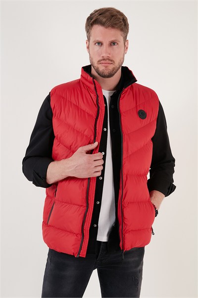 Slim Fit Suya ve Rüzgara Dayanıklı Dik Yaka Şişme Erkek Yelek 649008 KIRMIZI