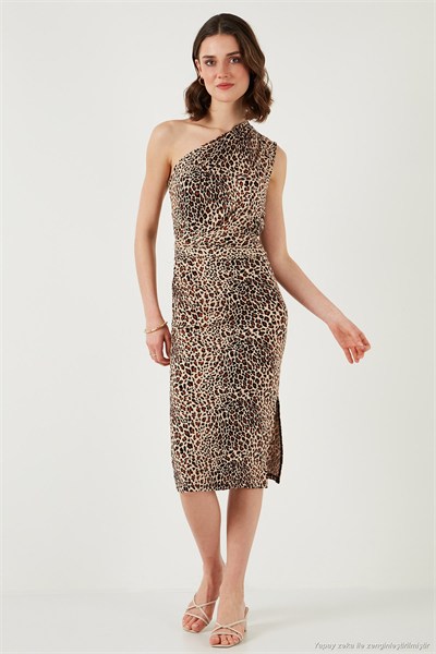 Slim Fit Tek Omuzlu Yırtmaçlı Bağlama Detaylı Midi Kadın Elbise 5866272 LEOPAR