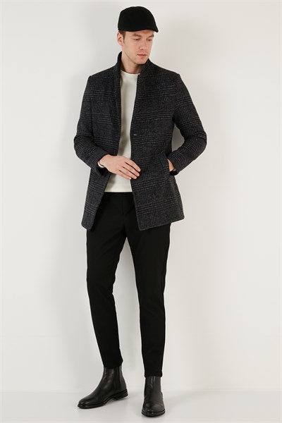 Slim Fit Tek Yırtmaçlı Düğmeli Astarlı Kaşe Erkek Kaban 5840110E Antrasit Ekoseli