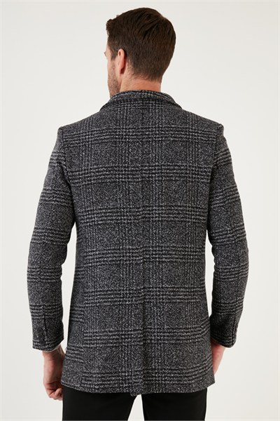 Slim Fit Tek Yırtmaçlı Düğmeli Astarlı Kaşe Erkek Kaban 5840110E Siyah Ekoseli