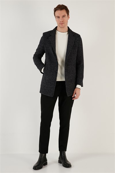 Slim Fit Tek Yırtmaçlı Düğmeli Astarlı Kaşe Erkek Kaban 5840110E Antrasit Ekoseli