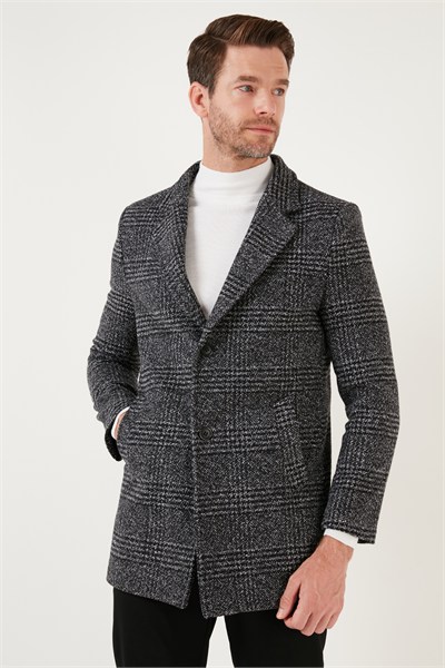 Slim Fit Tek Yırtmaçlı Düğmeli Astarlı Kaşe Erkek Kaban 5840110E Siyah Ekoseli