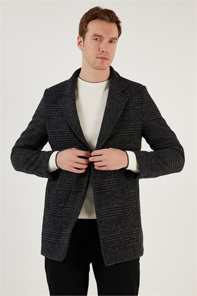 Slim Fit Tek Yırtmaçlı Düğmeli Astarlı Kaşe Erkek Kaban 5840110E Antrasit Ekoseli