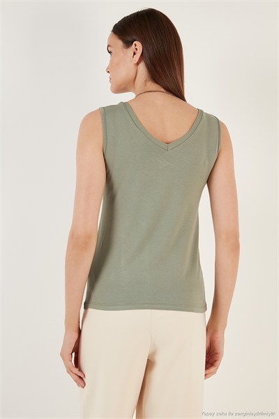 Slim Fit V Yaka Kalın Askılı 2 li Paket Kadın Bluz 5864384S2 TAŞ-Olive