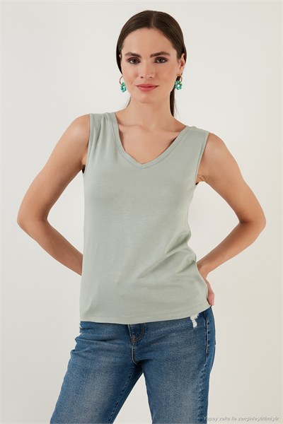 Slim Fit V Yaka Kalın Askılı 2 li Paket Kadın Bluz 5864384S2 EKRU-ÇAĞLA