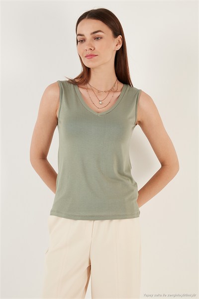 Slim Fit V Yaka Kalın Askılı 2 li Paket Kadın Bluz 5864384S2 TAŞ-Olive