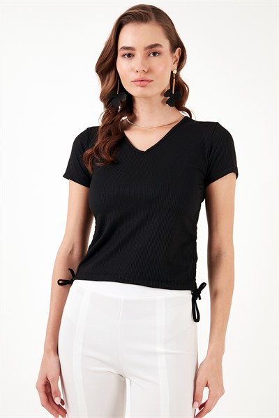 Slim Fit V Yaka Yanları Büzülebilir Kadın Bluz 5864011 SİYAH
