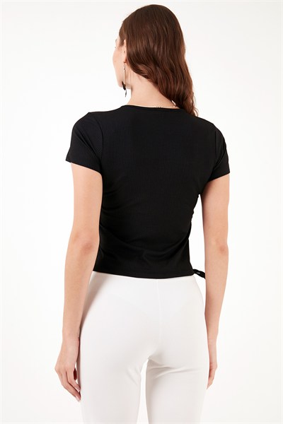 Slim Fit V Yaka Yanları Büzülebilir Kadın Bluz 5864011 SİYAH