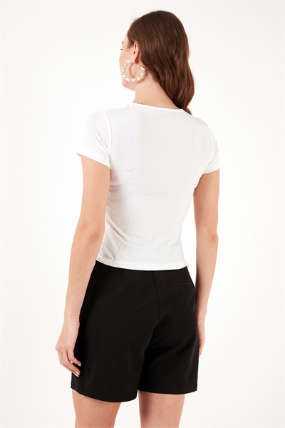 Slim Fit V Yaka Yanları Büzülebilir Kadın Bluz 5864011 EKRU