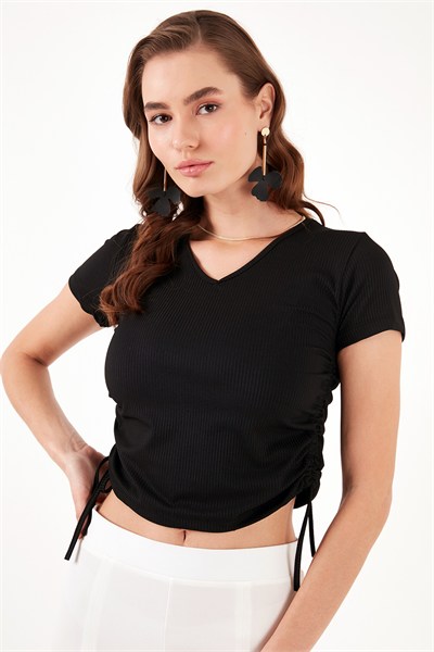 Slim Fit V Yaka Yanları Büzülebilir Kadın Bluz 5864011 SİYAH
