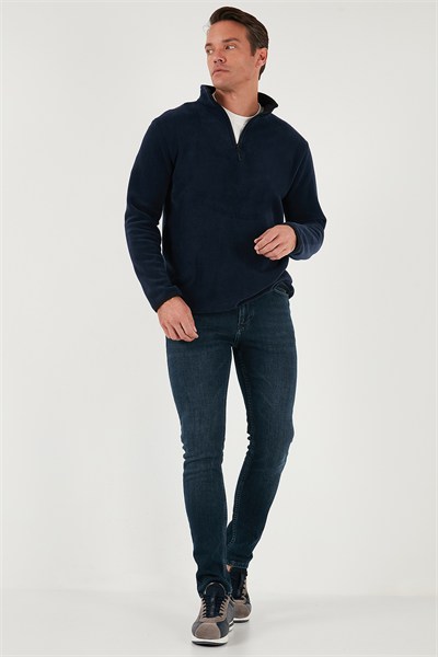 Slim Fit Yarım Fermuarlı Dik Yaka Soğuk Geçirmez Erkek Polar 5906003 LACİVERT
