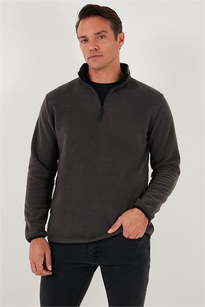 Slim Fit Yarım Fermuarlı Dik Yaka Soğuk Geçirmez Erkek Polar 5906003 FÜME