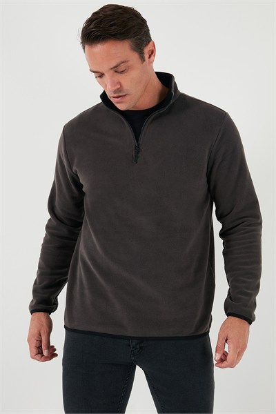 Slim Fit Yarım Fermuarlı Dik Yaka Soğuk Geçirmez Erkek Polar 5906003 FÜME