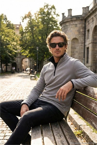Slim Fit Yarım Fermuarlı Dik Yaka Soğuk Geçirmez Erkek Polar 5906003 GRİ