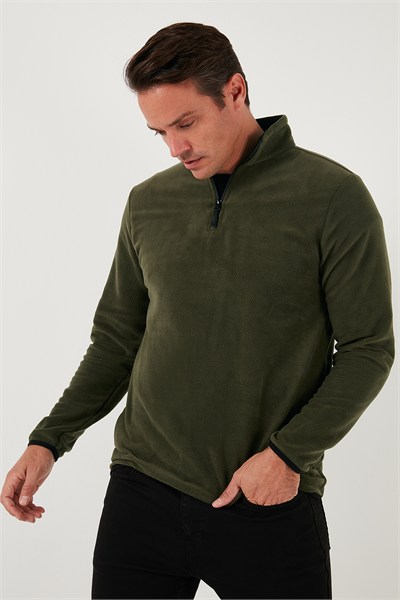 Slim Fit Yarım Fermuarlı Dik Yaka Soğuk Geçirmez Erkek Polar 5906003 HAKİ