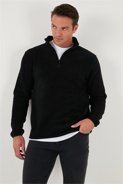 Slim Fit Yarım Fermuarlı Dik Yaka Soğuk Geçirmez Erkek Polar 5906003 SİYAH