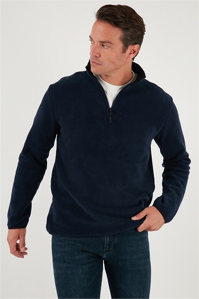 Slim Fit Yarım Fermuarlı Dik Yaka Soğuk Geçirmez Erkek Polar 5906003 LACİVERT