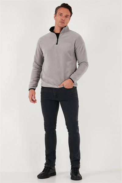 Slim Fit Yarım Fermuarlı Dik Yaka Soğuk Geçirmez Erkek Polar 5906003 GRİ