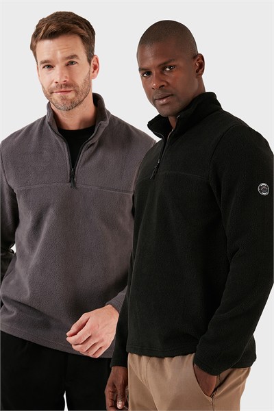 Slim Fit Yarım Fermuarlı Yumuşak Dokulu Şardonlu Soğuk Geçirmez 2li Paket Erkek Polar 59060011S2 FÜME-SİYAH