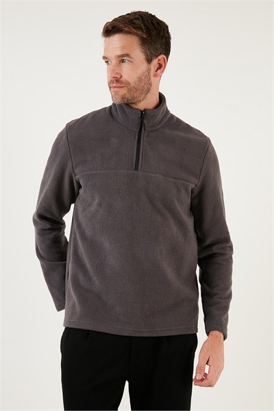 Slim Fit Yarım Fermuarlı Yumuşak Dokulu Şardonlu Soğuk Geçirmez Kışlık Erkek Polar 59060011 FÜME