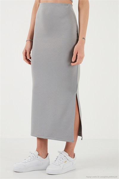 Slim Fit Yırtmaç Detaylı Uzun Etekli Crop Kadın Takım 5866148 GRİ
