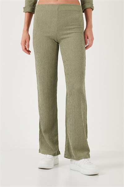 Slim Fit Yüksek Bel Geniş Paça Dokulu Kadın Pantolon 5865944 Olive