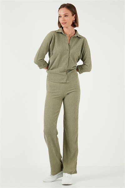 Slim Fit Yüksek Bel Geniş Paça Dokulu Kadın Pantolon 5865944 Olive