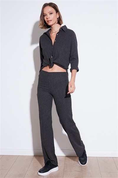 Slim Fit Yüksek Bel Geniş Paça Dokulu Kadın Pantolon 5865944 ANTRASİT