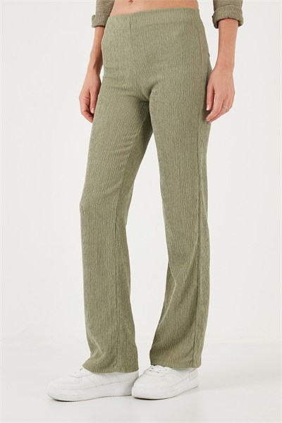 Slim Fit Yüksek Bel Geniş Paça Dokulu Kadın Pantolon 5865944 Olive