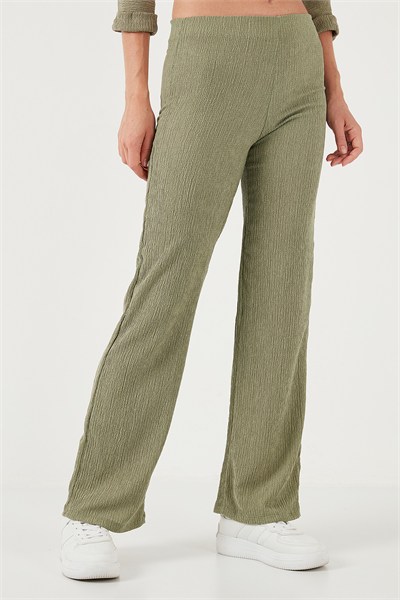Slim Fit Yüksek Bel Geniş Paça Dokulu Kadın Pantolon 5865944 Olive