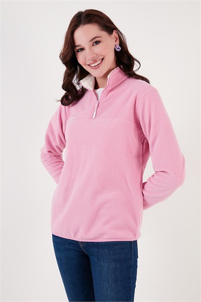 Slim Fit Yumuşak Dokulu Anti-Pilling Tüylenme Yapmayan Yarım Fermuarlı Kadın Polar 5907000 Şeker Pembe