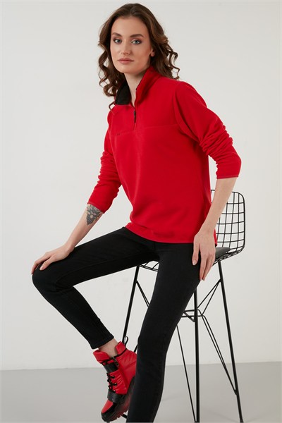 Slim Fit Yumuşak Dokulu Anti-Pilling Tüylenme Yapmayan Yarım Fermuarlı Kadın Polar 5907000 KIRMIZI