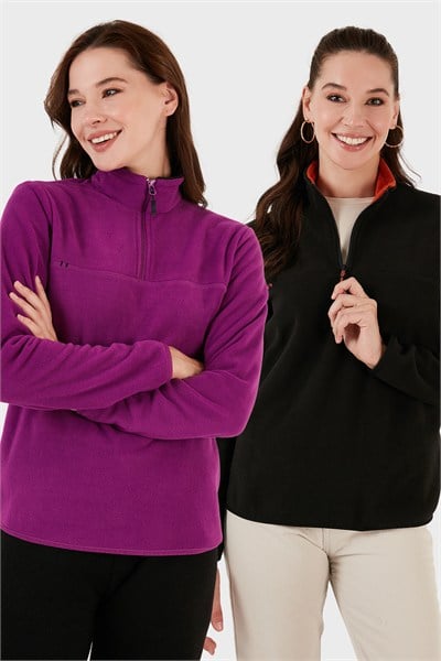 Slim Fit Yumuşak Dokulu Anti-Pilling Tüylenme Yapmayan 2li Paket Kadın Polar 5907000S2 MOR-SİYAH