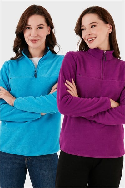 Slim Fit Yumuşak Dokulu Anti-Pilling Tüylenme Yapmayan 2li Paket Kadın Polar 5907000S2 TURKUAZ-MOR