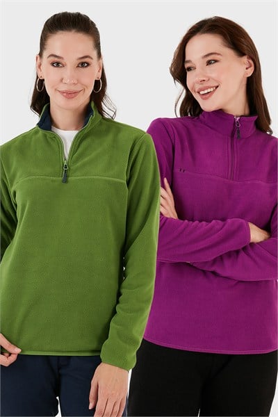 Slim Fit Yumuşak Dokulu Anti-Pilling Tüylenme Yapmayan 2li Paket Kadın Polar 5907000S2 Fıstık Yeşil-Mor