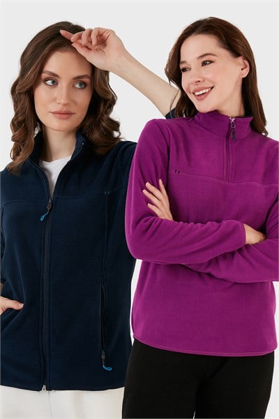 Slim Fit Yumuşak Dokulu Anti-Pilling Tüylenme Yapmayan 2li Paket Kadın Polar 590700200S2 MOR-LACİVERT
