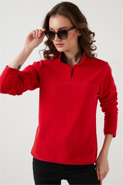 Slim Fit Yumuşak Dokulu Anti-Pilling Tüylenme Yapmayan Yarım Fermuarlı Kadın Polar 5907000 KIRMIZI