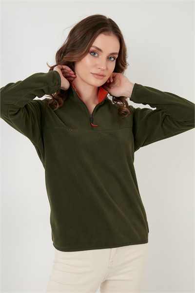 Slim Fit Yumuşak Dokulu Anti-Pilling Tüylenme Yapmayan Yarım Fermuarlı Kadın Polar 5907000 HAKİ