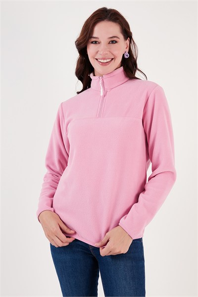 Slim Fit Yumuşak Dokulu Anti-Pilling Tüylenme Yapmayan Yarım Fermuarlı Kadın Polar 5907000 Şeker Pembe