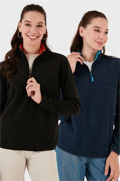 Slim Fit Yumuşak Dokulu Anti-Pilling Tüylenme Yapmayan 2li Paket Kadın Polar 5907000S2 LACİVERT-SİYAH