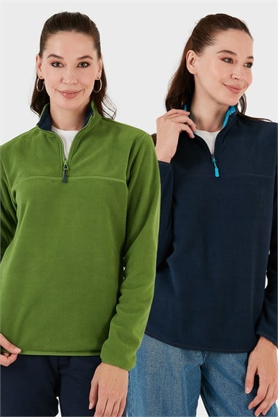 Slim Fit Yumuşak Dokulu Anti-Pilling Tüylenme Yapmayan 2li Paket Kadın Polar 5907000S2 Fıstık Yeşil-Lacivert