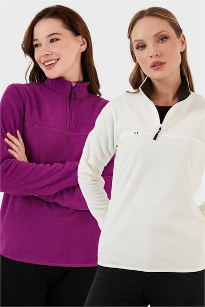 Slim Fit Yumuşak Dokulu Anti-Pilling Tüylenme Yapmayan 2li Paket Kadın Polar 5907000S2 EKRU-MOR