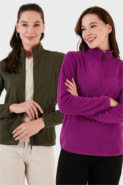 Slim Fit Yumuşak Dokulu Anti-Pilling Tüylenme Yapmayan 2li Paket Kadın Polar 590700200S2 Mor-Haki