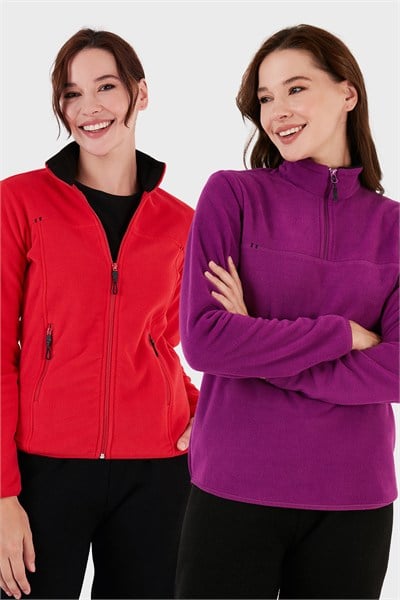 Slim Fit Yumuşak Dokulu Anti-Pilling Tüylenme Yapmayan 2li Paket Kadın Polar 590700200S2 Mor-Kırmızı