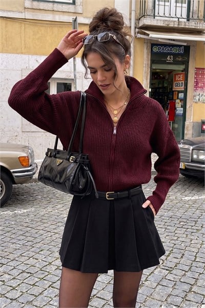 Standart Fit Balon Kol Fermuarlı Selanik Örgülü Kadın Hırka 4615562 BORDO