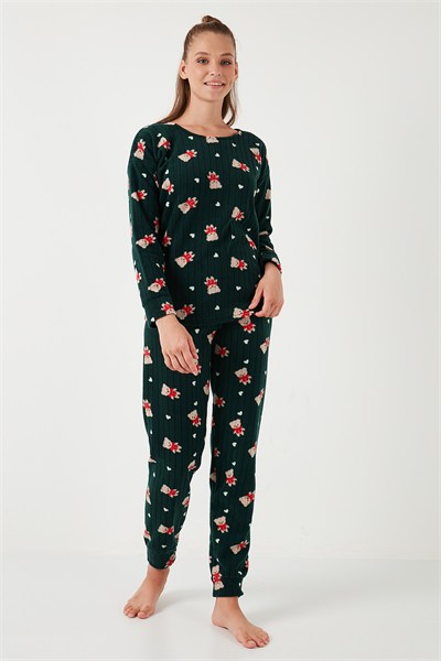 Standart Fit Bisiklet Yaka Kadın Pijama Takımı 6093735 YEŞİL