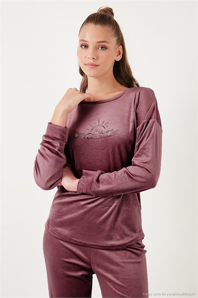 Standart Fit Bisiklet Yaka Yumuşak Kadife Kadın Pijama Takımı 6094201 PUDRA