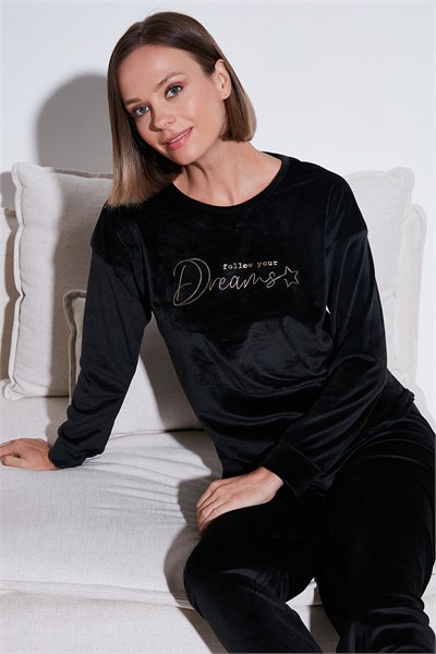 Standart Fit Bisiklet Yaka Yumuşak Kadife Kadın Pijama Takımı 6094202 SİYAH