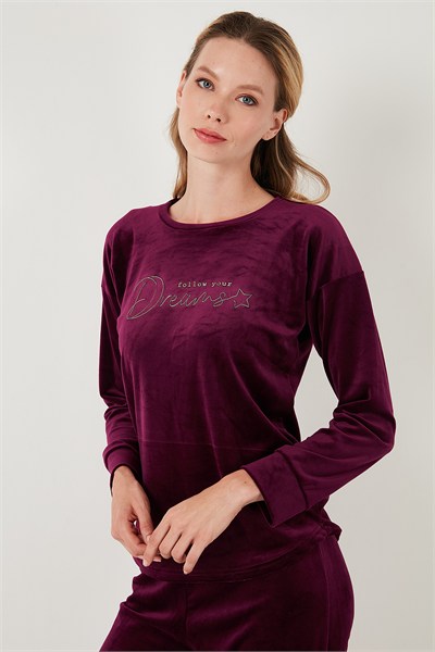 Standart Fit Bisiklet Yaka Yumuşak Kadife Kadın Pijama Takımı 6094202 MOR