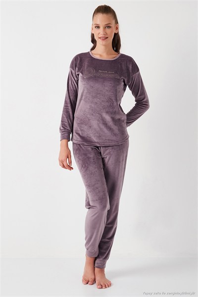 Standart Fit Bisiklet Yaka Yumuşak Kadife Kadın Pijama Takımı 6094202 LİLA